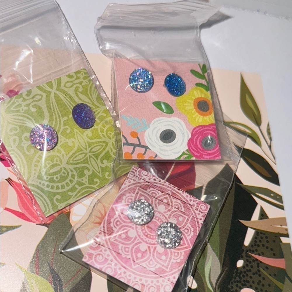 Glittery Stud Earrings Set of 3 NEW druzy sparkle glittery